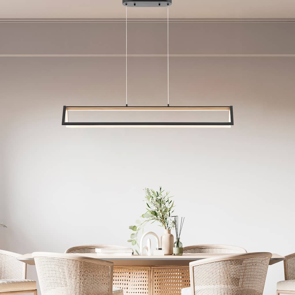 Satin Black & Wood Chandelier - N/A