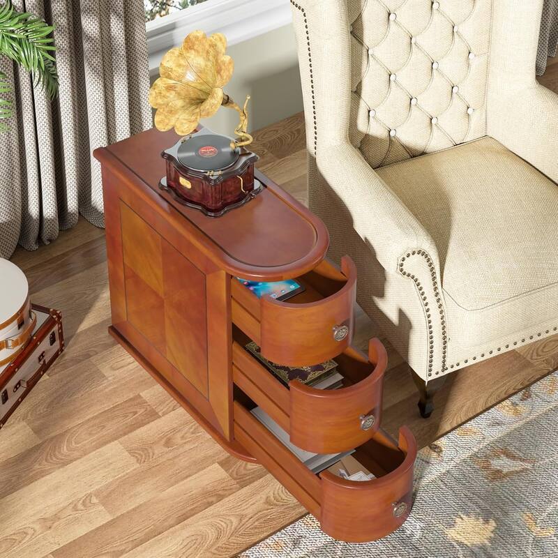 Wood End Table, 3-Drawer Narrow Side Table, No Assembly Required