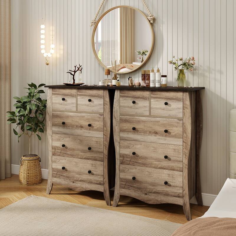Gymax 2PCS 38'' Farmhouse Chest of Drawers w/ 5 Folding Fabric Drawers