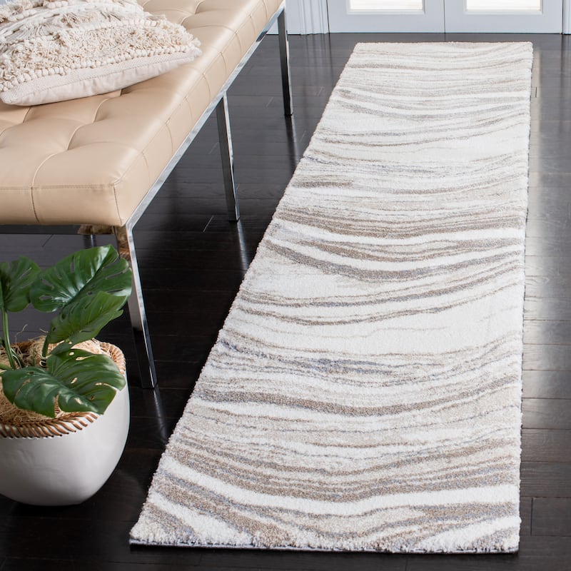 SAFAVIEH Cyrus Shag Melie Abstract 1-inch Thick Rug - 2'2" x 9' Runner - Ivory/Grey
