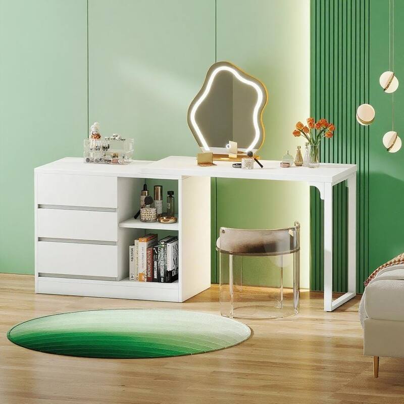 White L-Shaped Computer Desk with Storage Cabinet and 3 Drawers Shelves and Reversible Design - 39.37”L x 31.5”W x 30.50”H