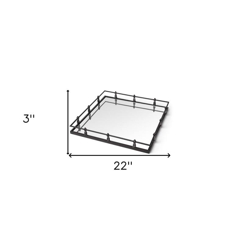 HomeRoots Natural Finish Metal With Mirrored Glass Bottom And Railing Handle Tray
