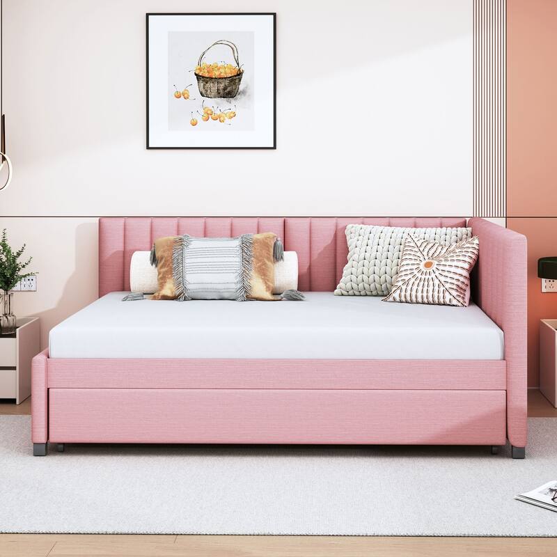 L-Shaped Backrest Daybed Upholstered Daybed Frame Classic Wood Slats Design with 2 Storage Drawers or Trundle, Full Size - Pink - Trundle - Full