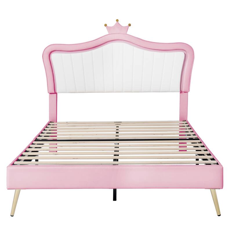 Modern Queen/Twin Full Upholstered Platform Bed with LED Lights, Adjustable Crown Headboard, No Box Spring