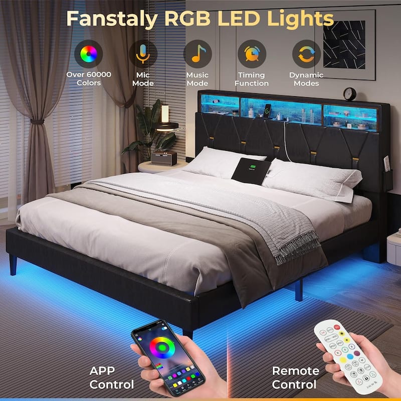 Bed Frame Storage Headboard RGB LED Lights Upholstered Platform