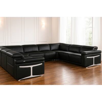 HomeRoots Black Italian Leather Power Reclining U Shaped Eight Piece Corner Sectional With Console