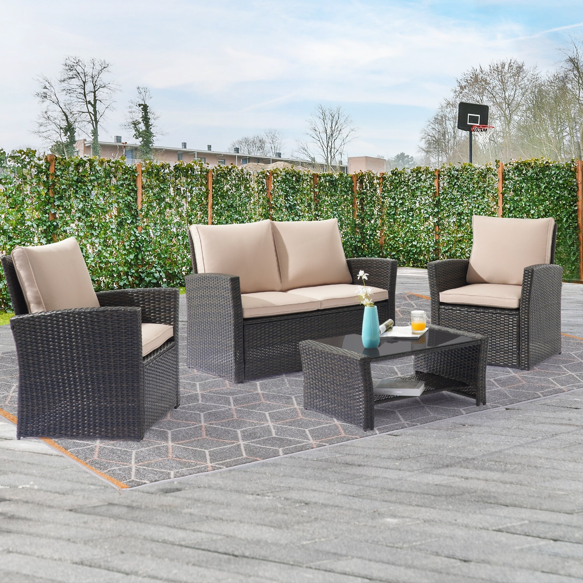 BONOSUKI Outdoor Furniture 4 Piece Set Patio PE Wicker Rattan Sofa Set Bed Bath Beyond 37496799