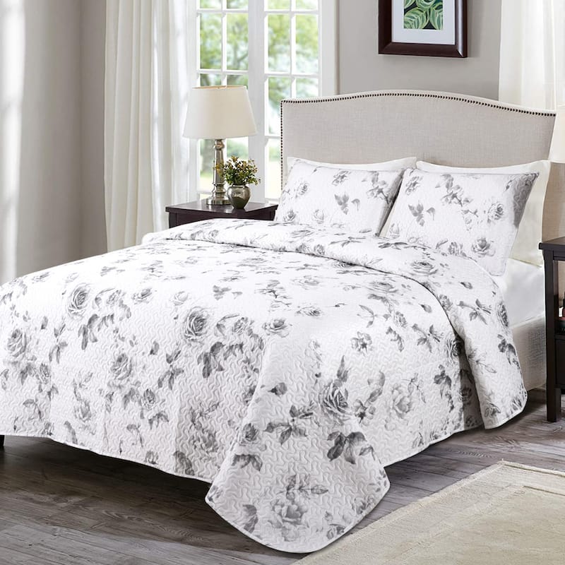 3 Piece Retro Printed Reversible Quilt Set - Chinese Style Floral - Queen