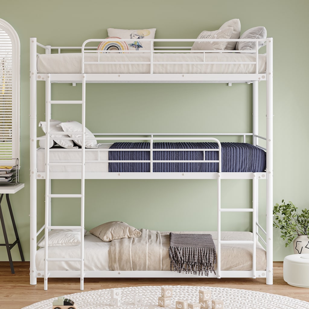 Heavy Duty Metal Triple Twin Bunk Bed with Guardrails, Ladder & Storage, Easy to Assemble