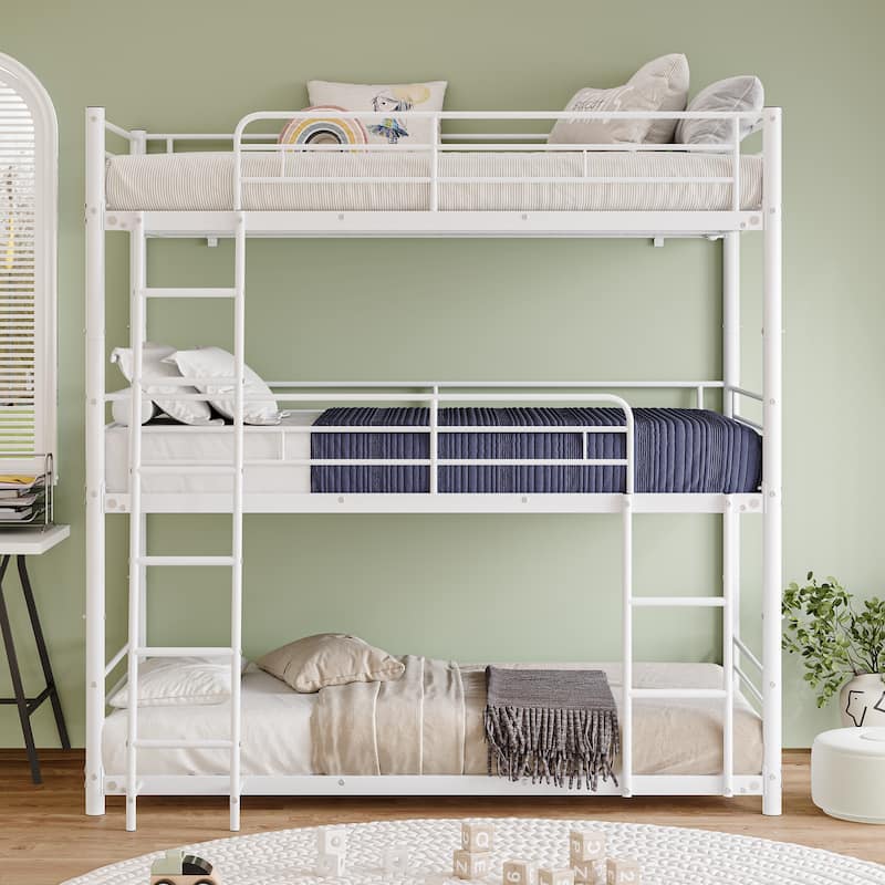 Triple Twin Bunk Beds,Twin Over Twin Over Twin Metal Bunk Bed Platform Frame,3 Bed Bunk Beds with Guardrails,Ladder & Storage - White