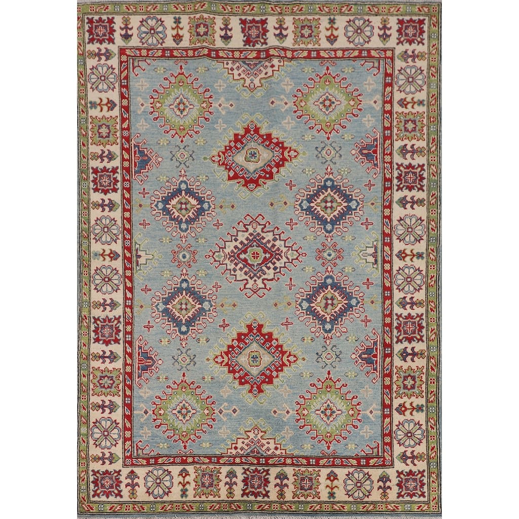 Light Blue Geometric Kazak Rug Handmade Oriental Wool Carpet - 5'0" x 6'11"