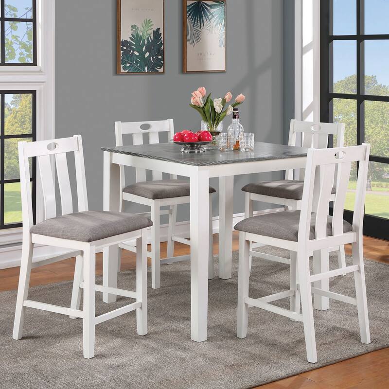 Solid wood 5pc Counter Height Dining Set Table 4x Chairs Linen Like Fabric Cushions Seats Chairs Dining Room