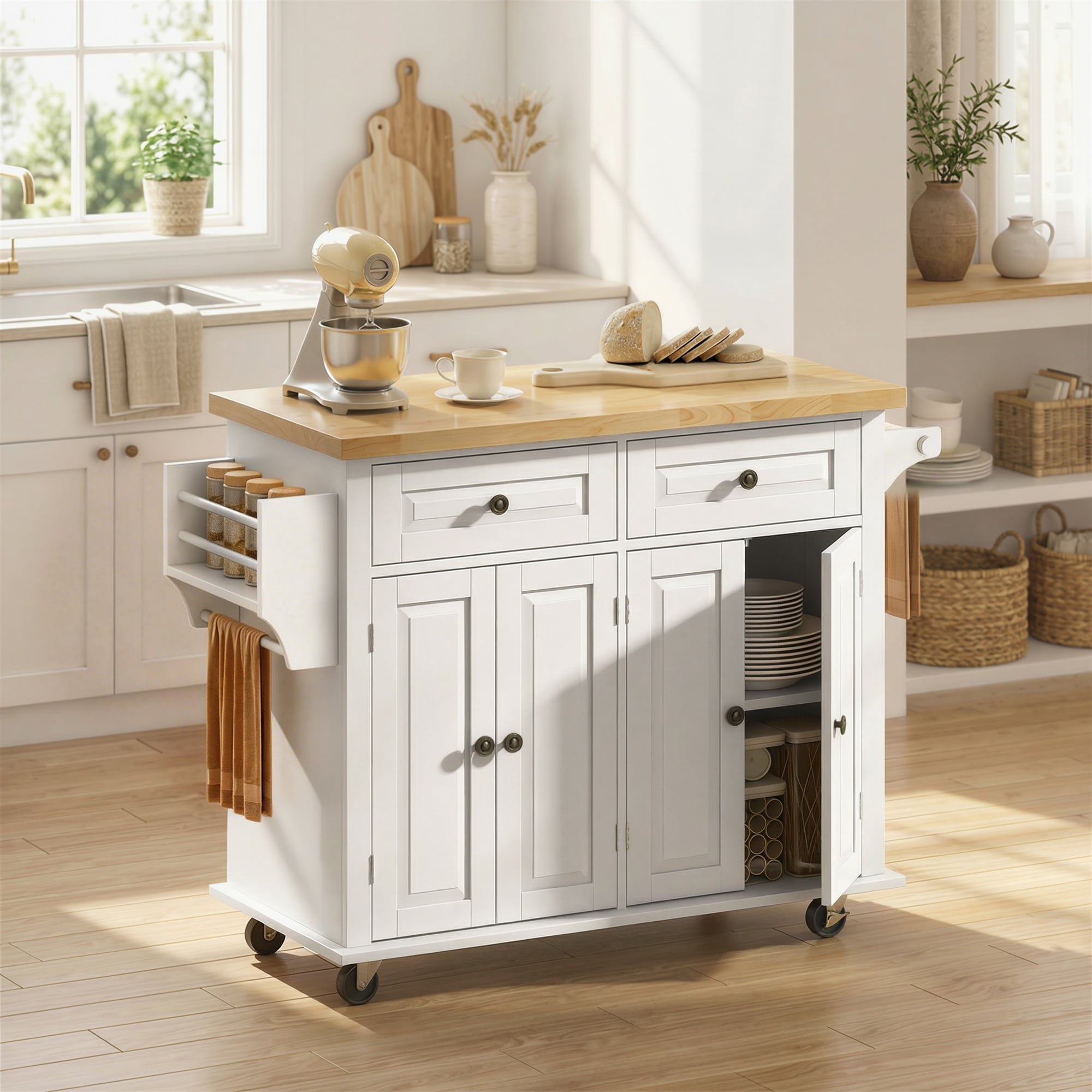 HOMCOM Rolling Kitchen Island Cart with Rubber Wood Top, Spice Rack, Towel Rack & Drawers for Dining Room