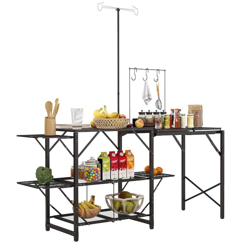 Outsunny Folding Camp Kitchen Table, Portable Camping Cooking Station with Adjustable Lantern Holder, Hanging Hooks