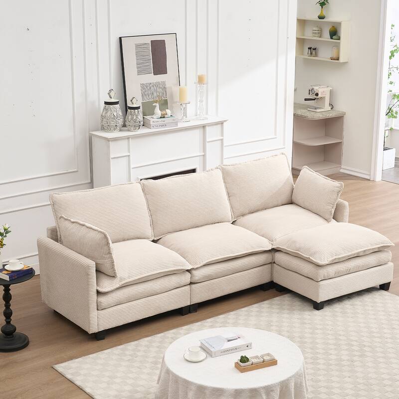 Modular Sofa , Velvet Large U-Shaped Couch Comfy Upholstered 3-Seat Sofa with 1 Ottoman, 2 Lumbar Pillow, Deep Seat Couch