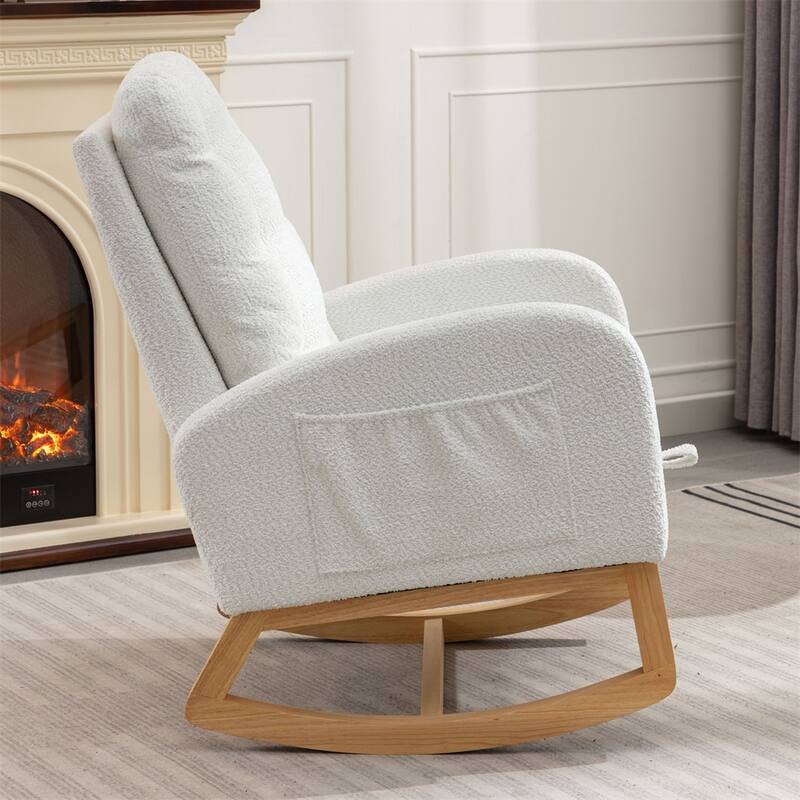 High Back Wood Rocking Chair with Footrest and Side Storage Pocket
