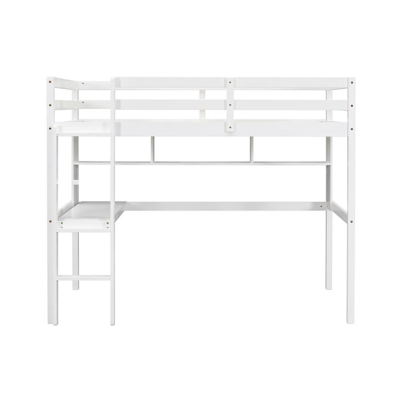 Twin Loft Bed with Desk, Shelves, Safety Guardrail, and Ladder, White
