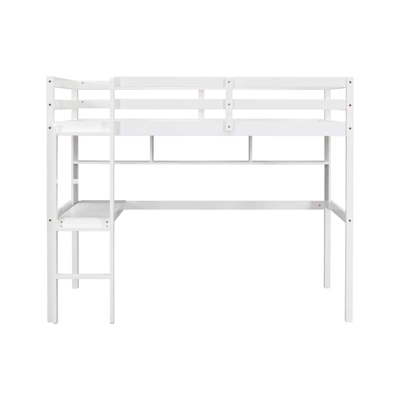 White Twin Size Wood Loft Bed with Desk and Shelves