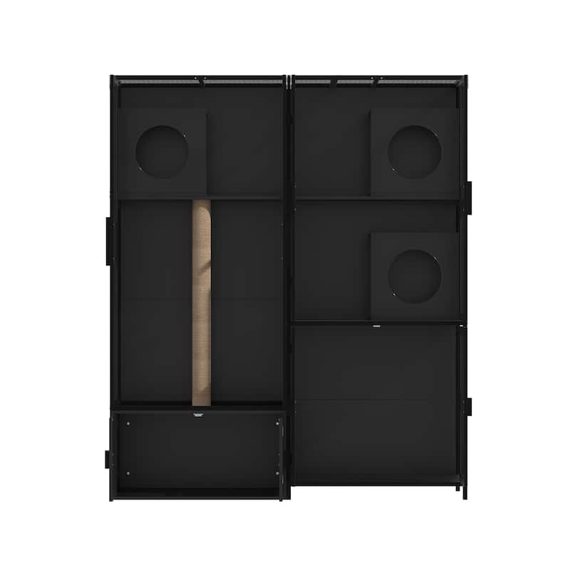 Black Large Cat Cabinet Pet Showcase Entertainment Space: Multi-functional Layout with Scratching Post, Space for Multiple Cats