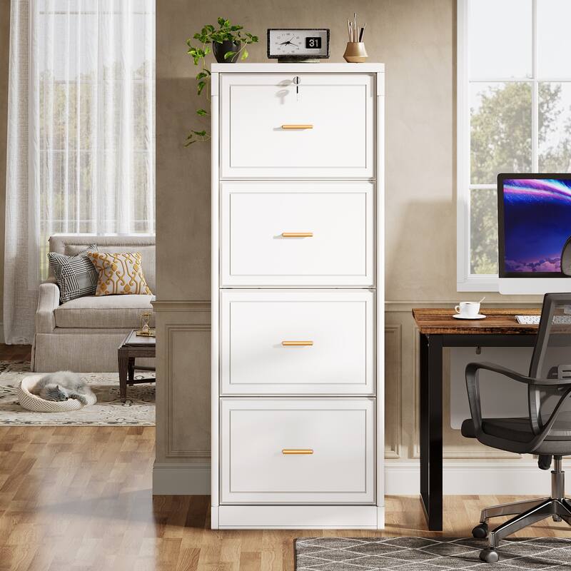 4-Drawer File Cabinet with Lock and Key, Vertical Wooden Filling Cabinet for A4/Letter/Legal Size Files