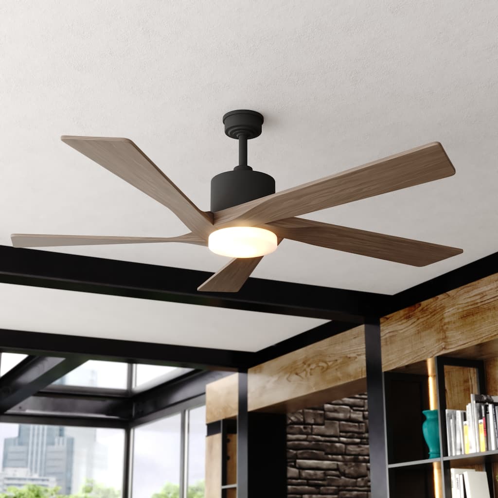 Wedgewood 60 in. Black Indoor Outdoor Ceiling Fan with Dark Elm Blades, Dimmable LED Light Kit and Remote, 6 Speed, DC Motor