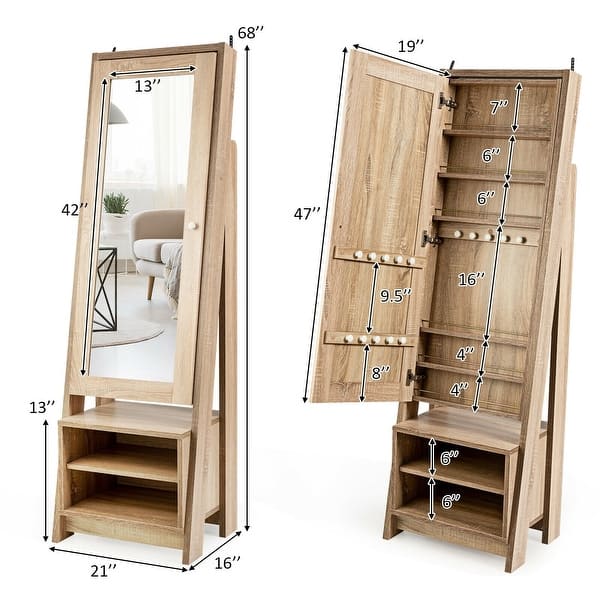 2-in-1 Wooden Cosmetics Storage Cabinet with Full-Length Mirror and Bottom Rack - 21" x 16" x 68" (L x W x H)