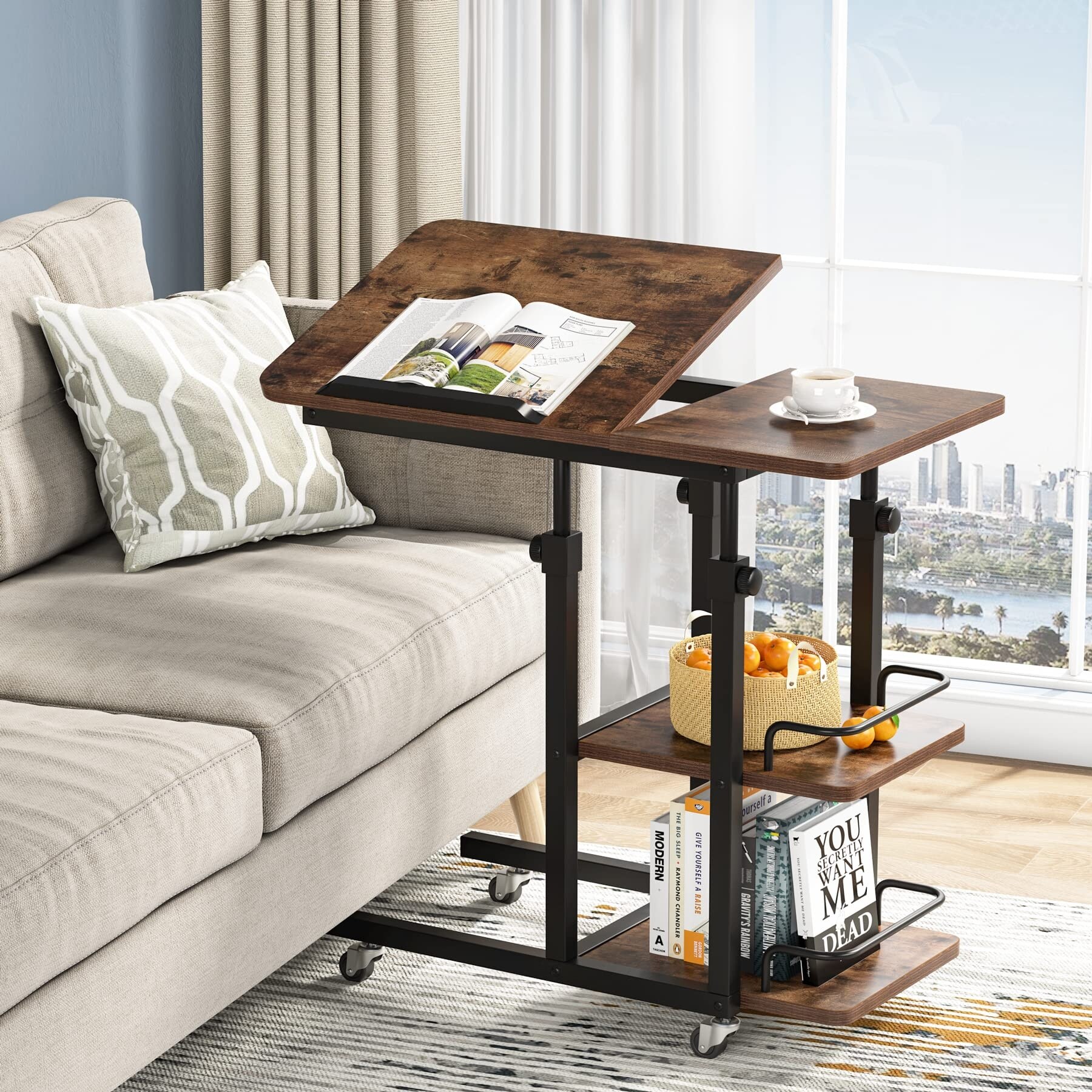 Height Adjustable C Table with Storage Mobile Couch Snack Side Table with Tiltable Drawing Board Rolling Sofa