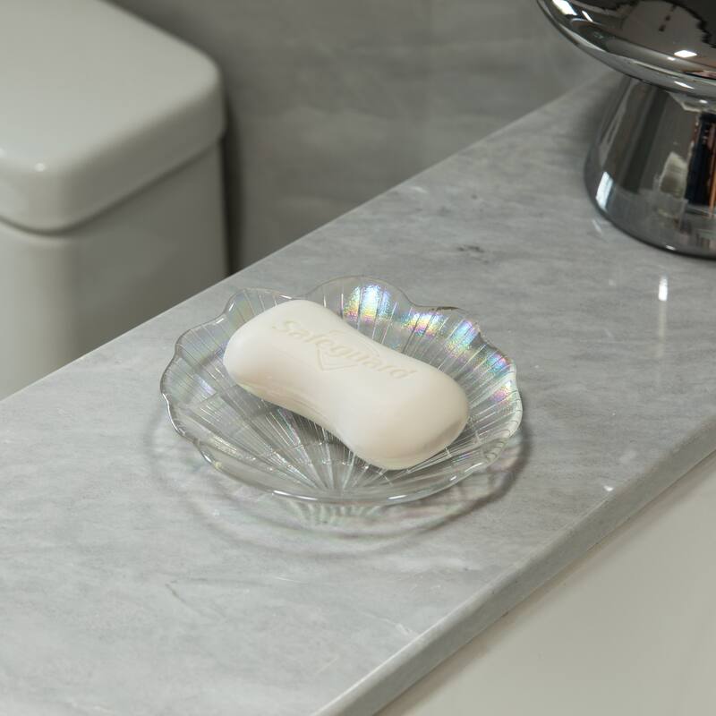 Fabulaxe Iridescent Glass Catchall Clam Shell Jewelry Tray Soap Holder Trinket Dish Ring Plate Vanity Organizer Bathroom