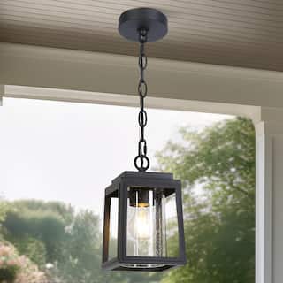 Modern Textured Black 1-Light Geo Seeded Glass Outdoor Hanging Pendant Light for Porch - L 5.9" x W 5.9" x H 9.8"
