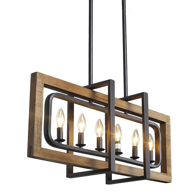 Modern Farmhouse 6-Light Wood Chandelier Rectangle Island Lights for Dining Room - W31.5" X E8.7" X H13.8"