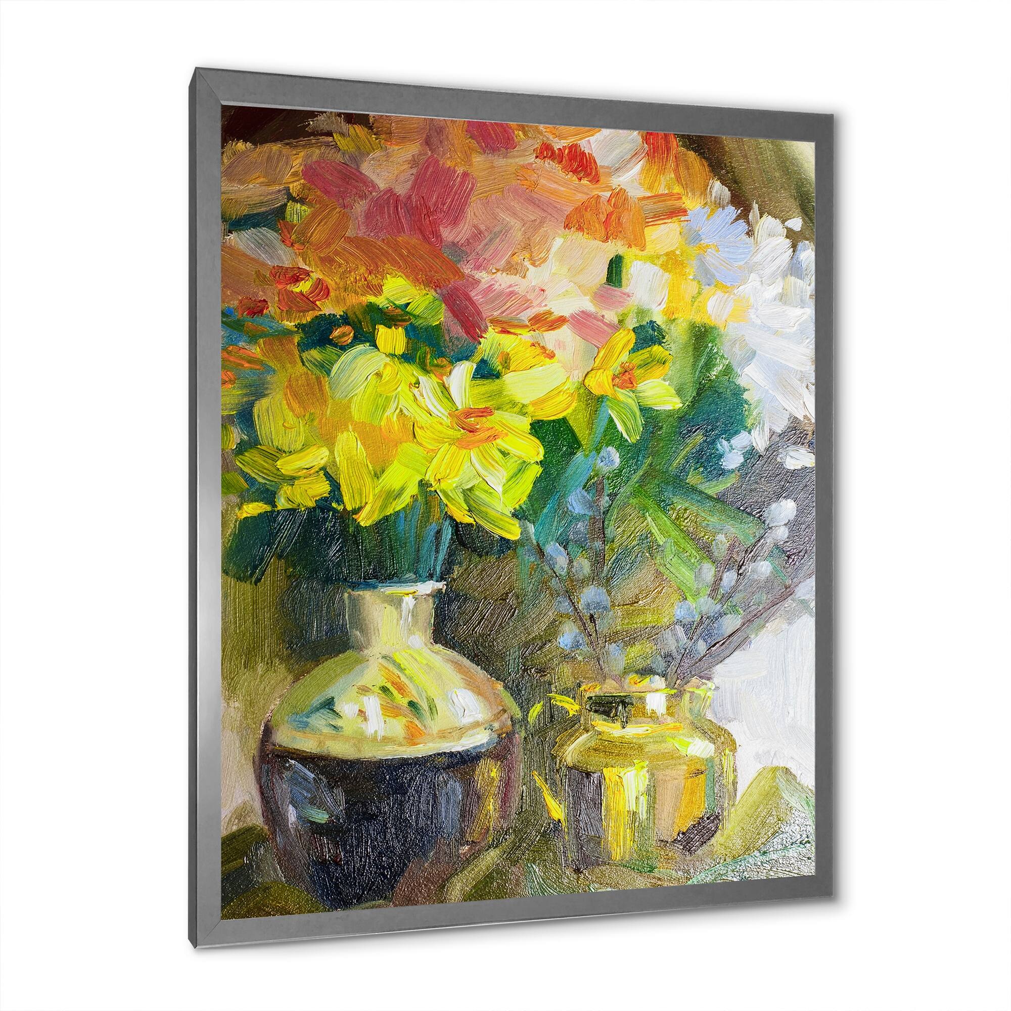 Designart "Green Vase Flowers Painting" Traditional Framed Wall Art