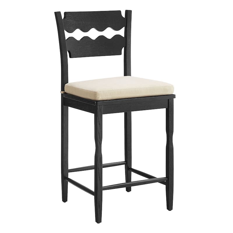 Jax Oak Wood Counter Stool With Wavy Razor Back and Cushion