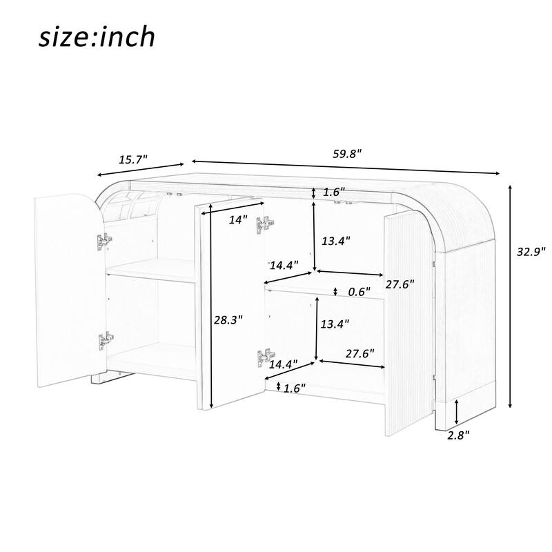 4 Door Storage Cabinet with Curved Corners, Wavy Panel Sideboard with Adjustable Shelves for Living Room Entryway
