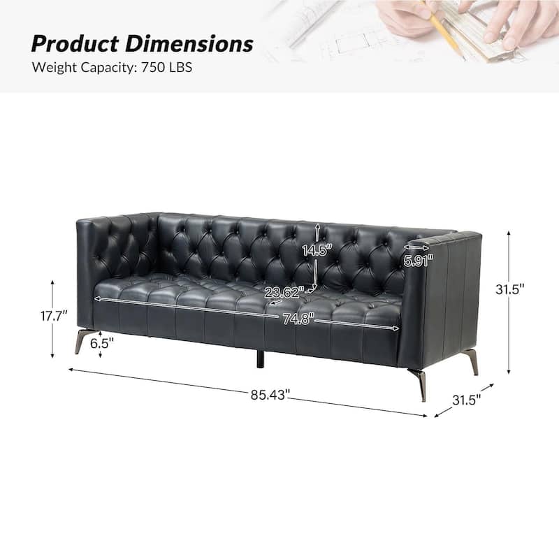 Nestor Transitional Genuine Leather Sofa with Metal Legs and Tufted Back