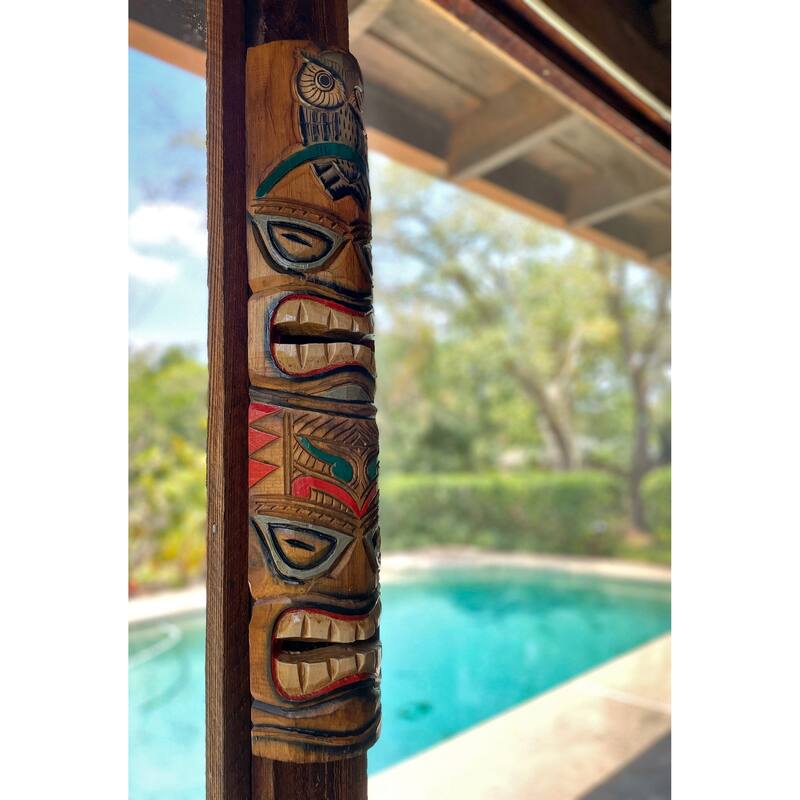 Zeckos 24 Inch Wood Double Tiki Mask Totem Wall Sculptures (Set Of 2)