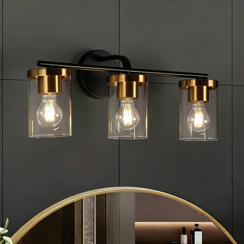 3-Light Modern Bathroom Vanity Light Black Brushed Brass Wall Sconce with Clear Glass Shades for Mirror