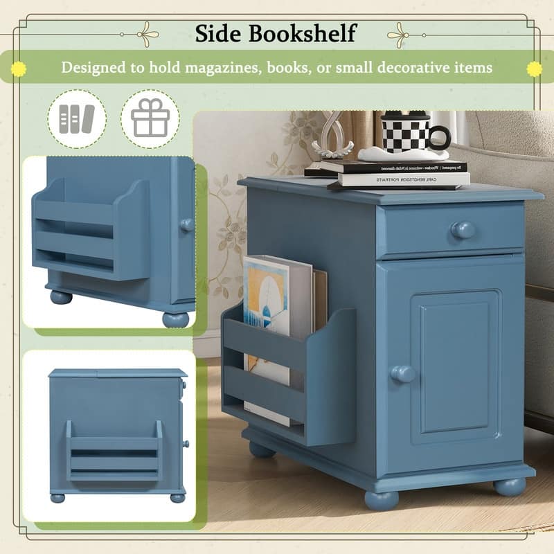 Retro Flip-Top End Table – USB Ports, Cup Holder Drawer & Bookshelf, Ideal for Small Spaces.