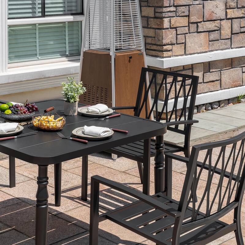 Patio Metal Dining Set with 4 Stackable Chairs and Umbrella Hole, Black