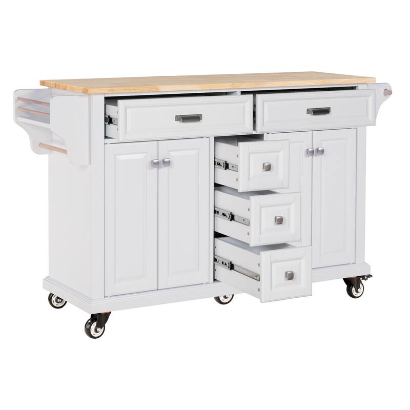 Kitchen Island with Rubber wood Countertop, Kitchen Cart on 5 Wheels with Storage Cabinet and 5 Drawers for Dinning Room
