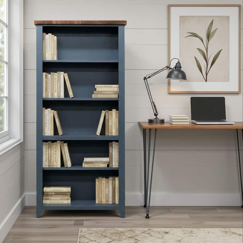 Bridgevine Home Nantucket 72 inch high 5-shelf Bookcase, No Assembly Required, Blue Denim and Whiskey Finish - Blue Denim and Whiskey