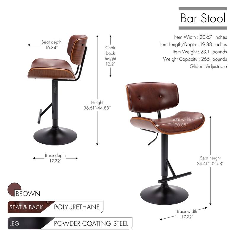 Porthos Home Cian Swivel Height Adjustable Faux Leather Mid-Century Bar Stool