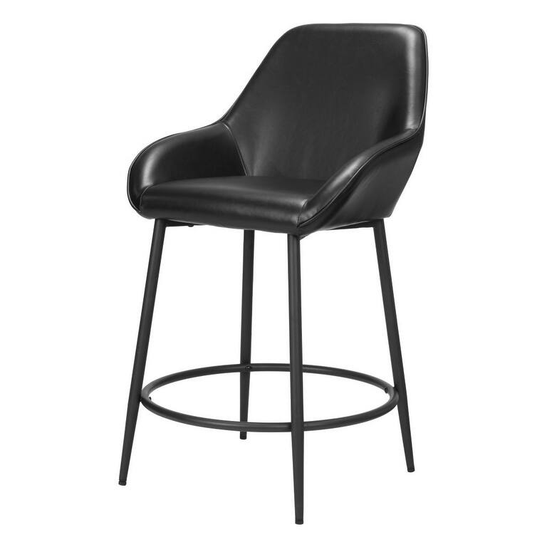 Set of Two 25" Black Faux Leather And Steel Counter Height Bar Chairs