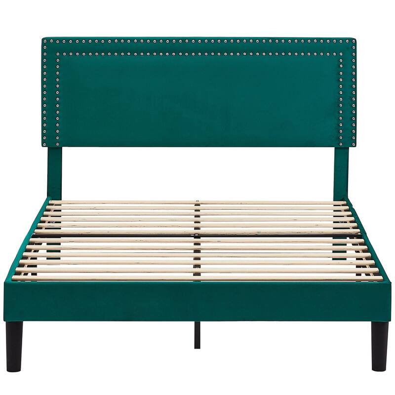 Upholstered Platform Bed Frame with Adjustable Headboard, Velvet Nailhead Trim, No Box Spring Needed