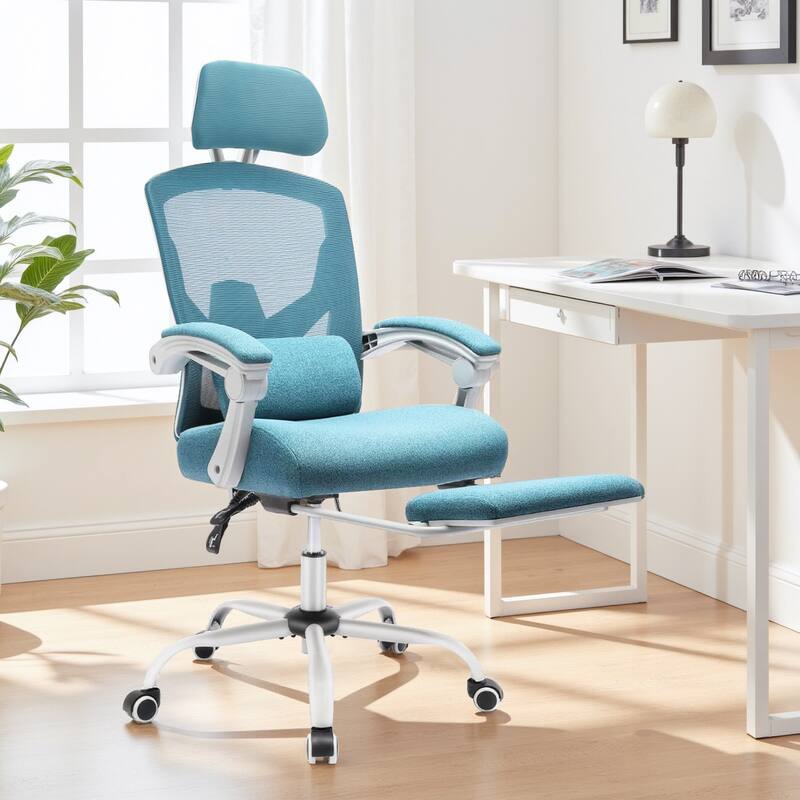 Ergonomic Office Chair with Footrest, High-Back Mesh Rolling Swivel Reclining Chairs Computer Desk Seat - Blue