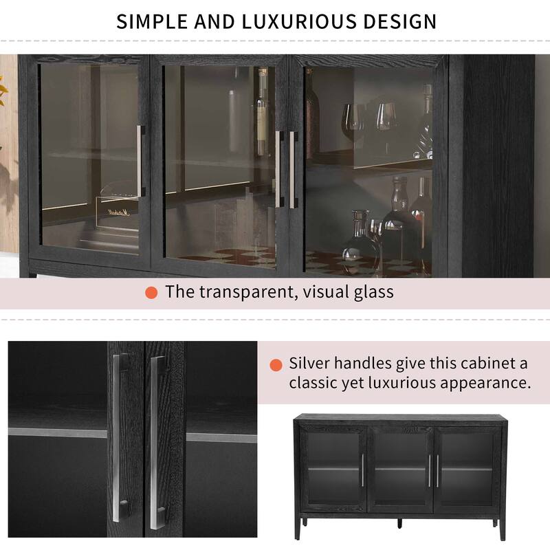 Wood Storage Cabinet with 3 Tempered Glass Doors, Adjustable Shelves,Metal Handles Ideal for Living Room, Study, Entryway
