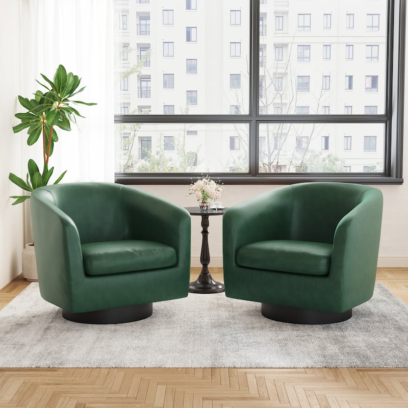 Faux Leather Wide Seat Swivel Barrel Chair - 2 Set - Green/2Set
