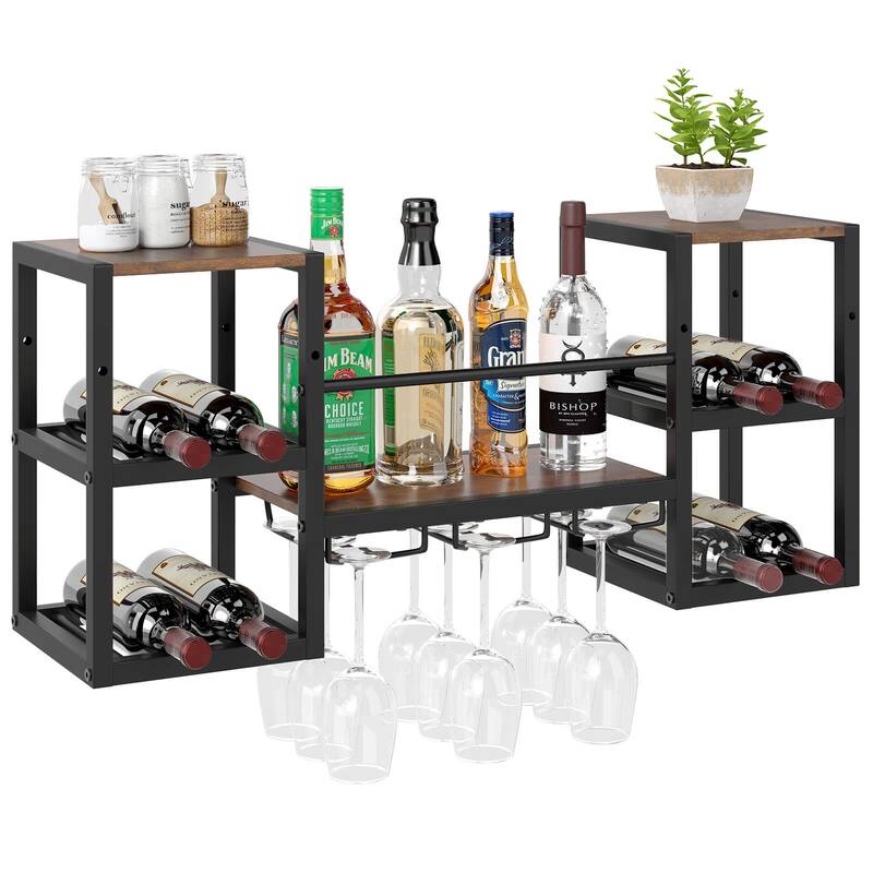 Costway 3-Tier Wall Mounted Wine Rack with Glass Holder Open Shelf - See Details - Rustic Brown - See Details