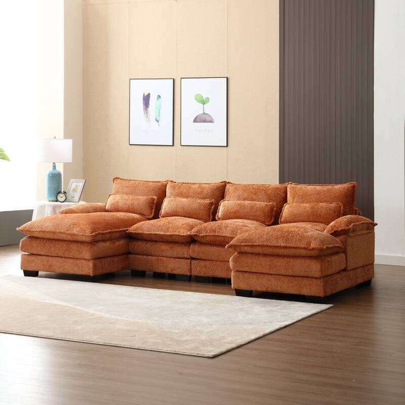 Sectional Sofa Cloud Couch for Living Room, Modern Chenille/Boucle U Shaped Couch, Comfy Modular Sofa Sleeper with Double Chaise - Orange-Boucle