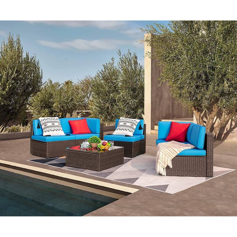 Homall 6 Pieces Patio Furniture Sets Outdoor Sectional Rattan Sofa Manual Weaving Wicker Patio Conversation Set - Blue