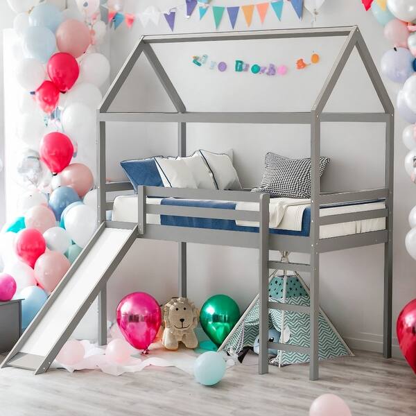 slide 2 of 15, Twin Loft Bed House Bed With Slide,Solid Construction for Home Grey